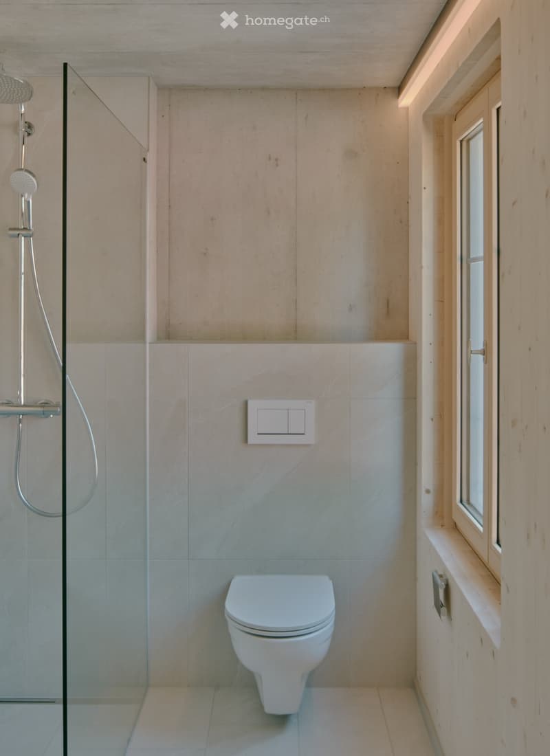 Modern bathroom with a toilet, glass-enclosed shower, and sleek fixtures.