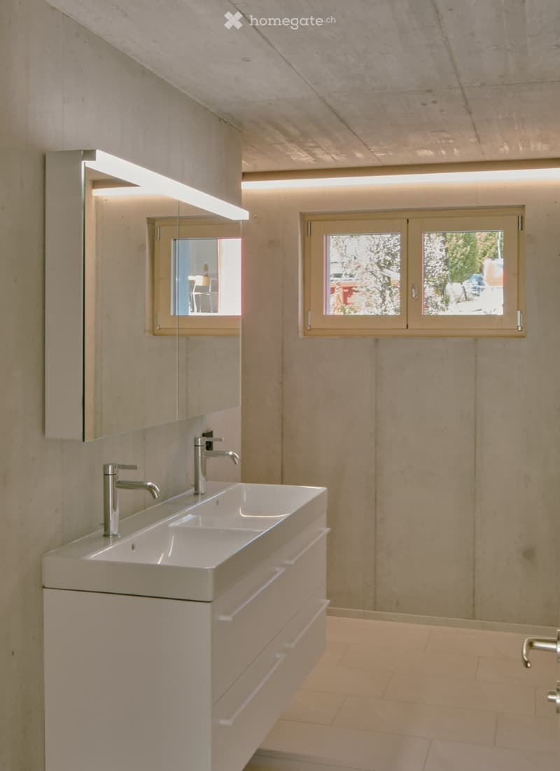 Modern bathroom with a white sink, sleek faucets, a large mirror, and built-in cabinets against concrete walls.