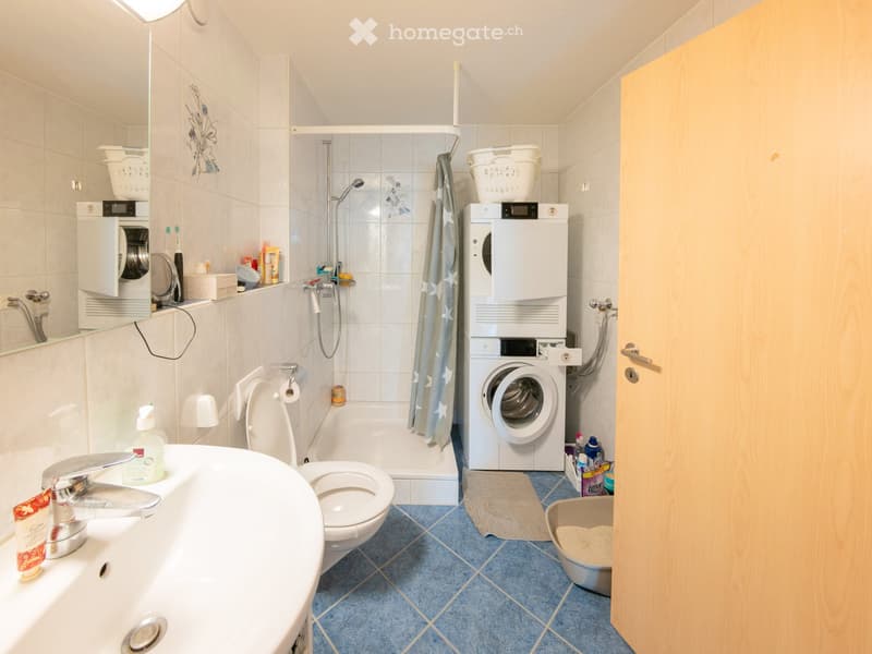 Bathroom with a sink, toilet, bathtub, shower, washing machine, microwave, and a cat litter box. The room features tiled walls and a blue tiled floor.