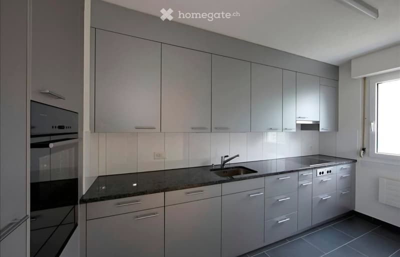Modern kitchen with grey cabinets, granite countertop, stainless steel sink, and built-in oven.