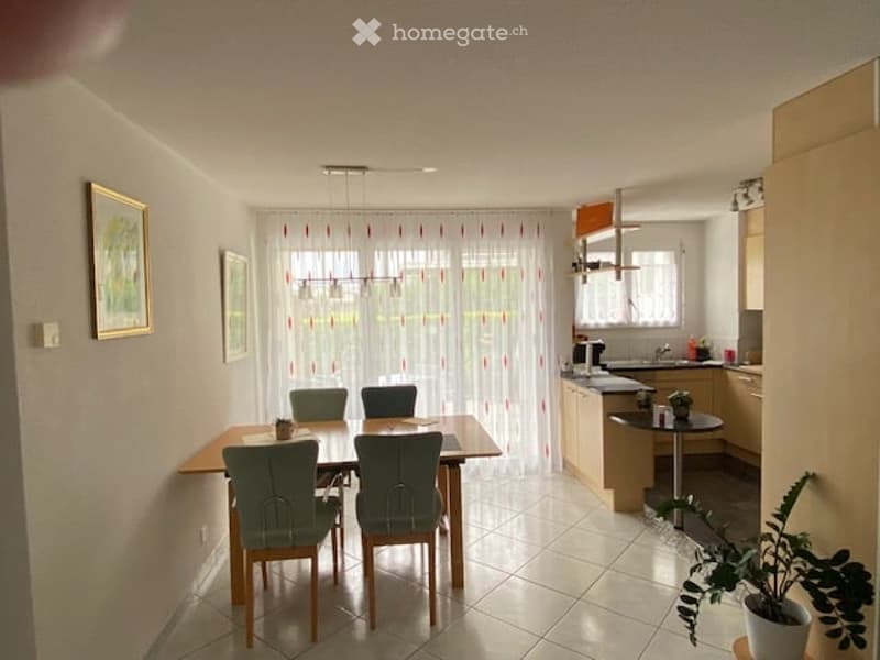 Bright, open-plan dining and kitchen area with a wooden dining table, four chairs, modern kitchen cabinets, and a potted plant near the window.