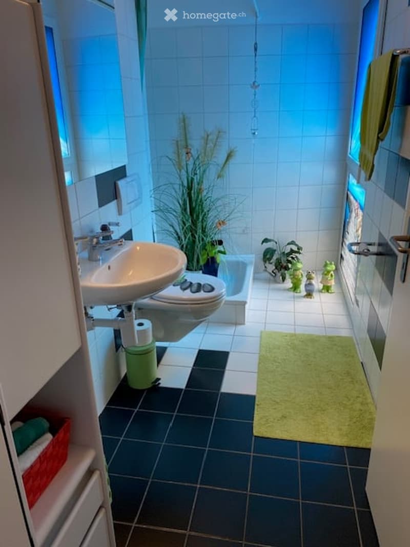 Modern bathroom with a white sink, toilet, bathtub, and a green plant in a pot. The room features dark blue tiles on the floor and white tiles on the walls, with a green rug and a towel hanging on the side.