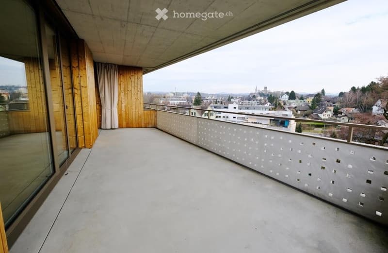 Modern balcony with concrete floor, glass railing, wooden paneling, and scenic city view.