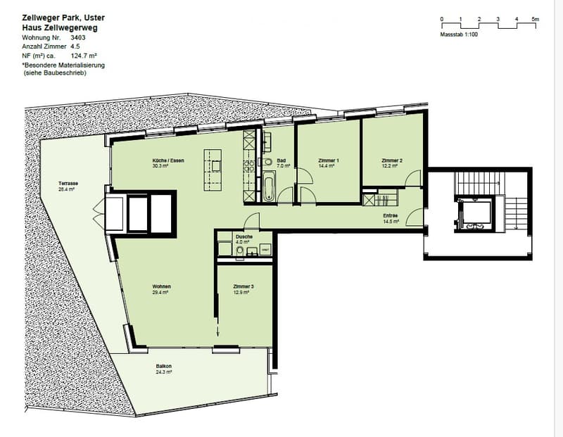 Floor plan of a 4.5-room apartment with a kitchen/dining area, living room, three bedrooms, bathroom, and balcony.