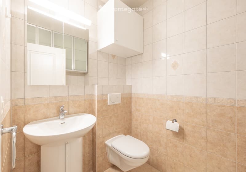 Bathroom. Modern bathroom with beige tiled walls and floor, white sink, toilet, mirror, and cabinet.