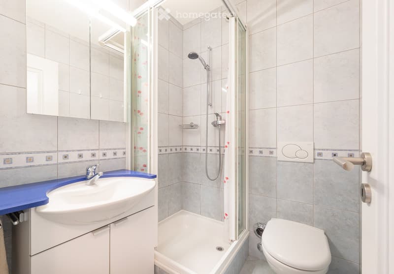 Bathroom. Modern bathroom with a white tiled design, featuring a sink with a blue countertop, a mirror cabinet, a shower with a glass enclosure, and a toilet.