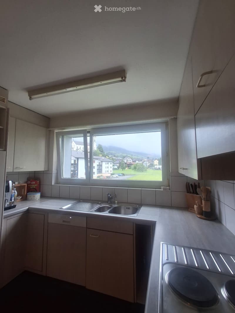 Modern kitchen with light-colored cabinets, a double sink, and a stove. The window offers a view of a town and mountains.