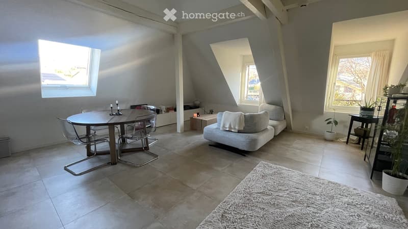 Bright, cozy living space with a sofa, dining table, chairs, and a shaggy rug. Large windows allow natural light to fill the room, complemented by modern decor and potted plants.