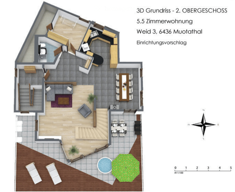 3D floor plan of a 5.5-room apartment on the second floor, including living room, dining area, kitchen, bedrooms, bathrooms, and outdoor patio with pool and seating.