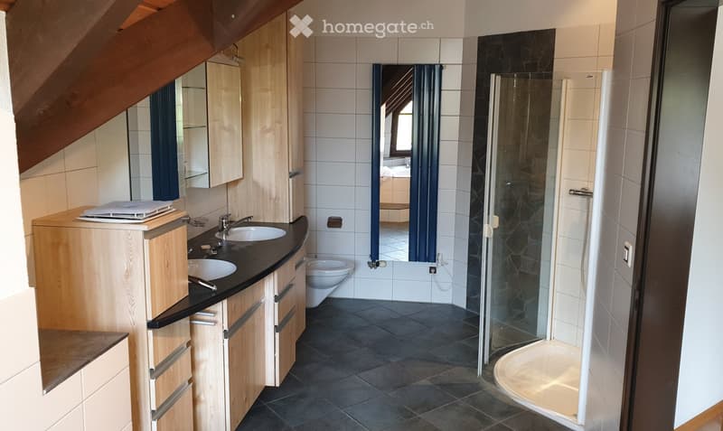 Modern bathroom with wooden cabinets, a double sink, a toilet, and a glass-enclosed shower. The space features white tiles and a dark tiled floor.