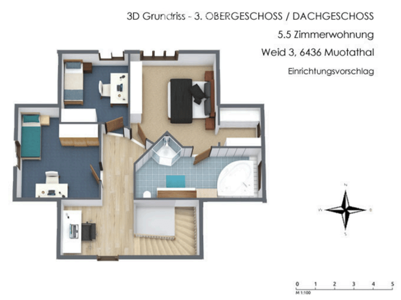 3D floor plan of a 5.5-room apartment on the top floor, featuring three bedrooms, a living area, a kitchen, a bathroom, and a separate toilet.