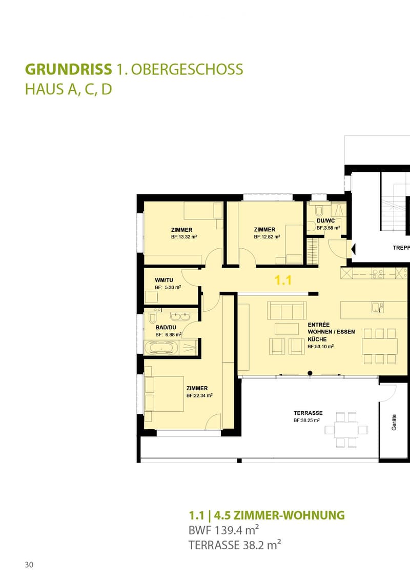 Floor plan of a 4.5-room apartment on the upper floor, including four bedrooms, a bathroom, a kitchen, an entrance area, and a terrace.