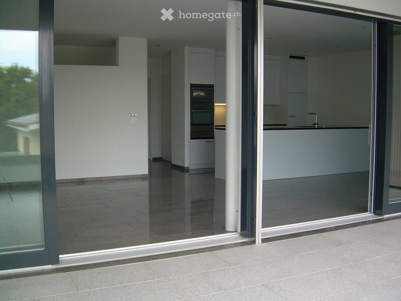 Modern kitchen with white cabinets, stainless steel appliances, and a large open sliding glass door leading to a patio.