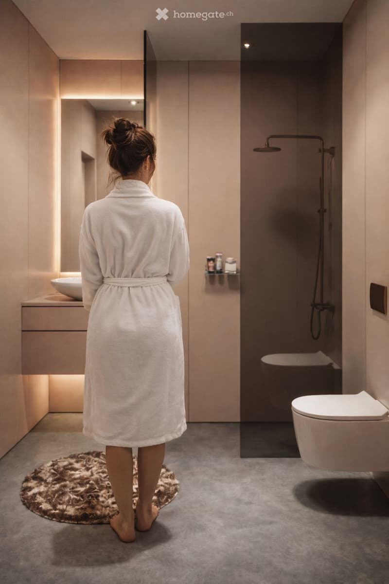 Modern bathroom, tiled floor, white toilet, white sink, shower with glass wall