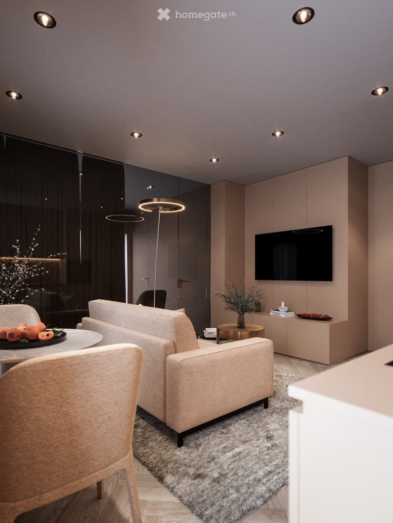 living room, beige sofa, dining table, TV on wall, carpet, armchairs