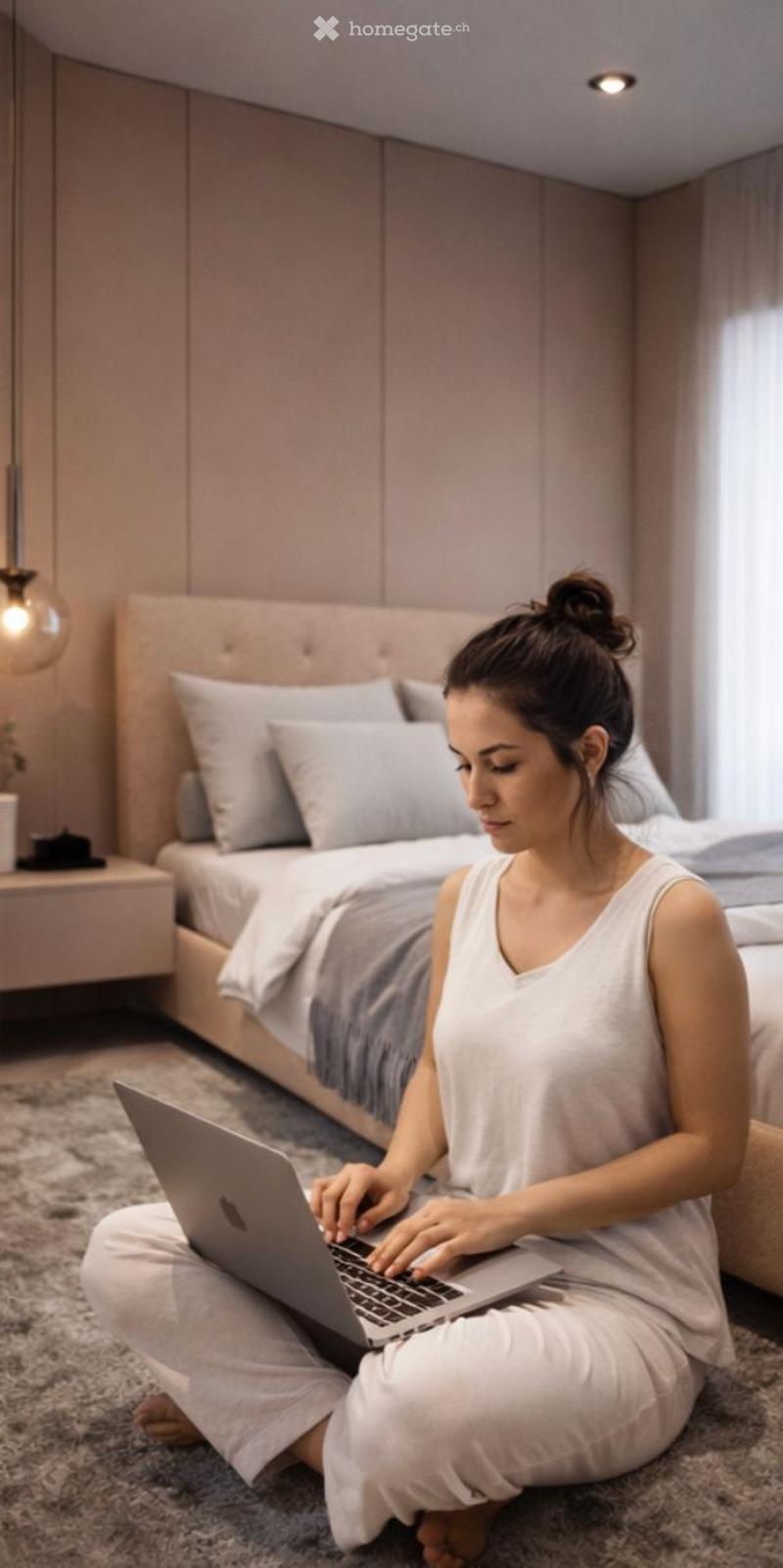 bedroom with bed, grey carpet, laptop, lamps, nightstand, pillows, plant, view of building exterior