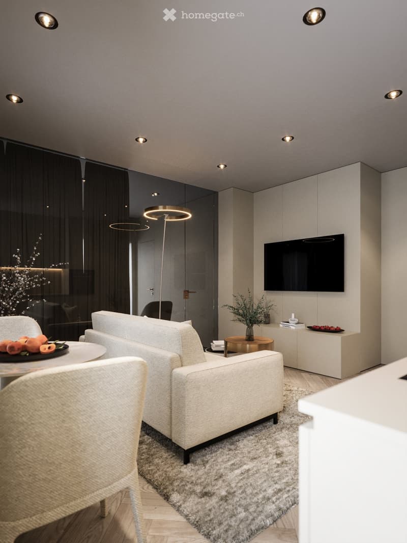 White living area, modern design, sofa, coffee table, TV, rug, dining table, ceiling lights