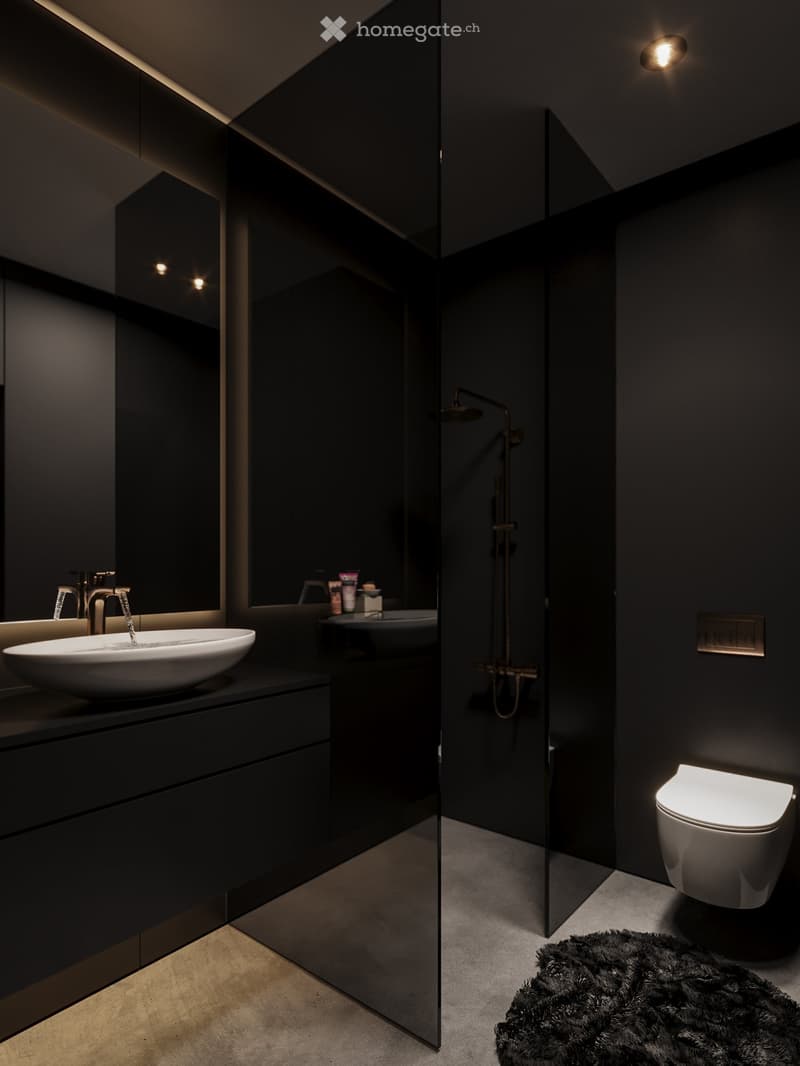 All black bathroom, modern faucet, mirror, white toilet, white sink, shower head, black mat