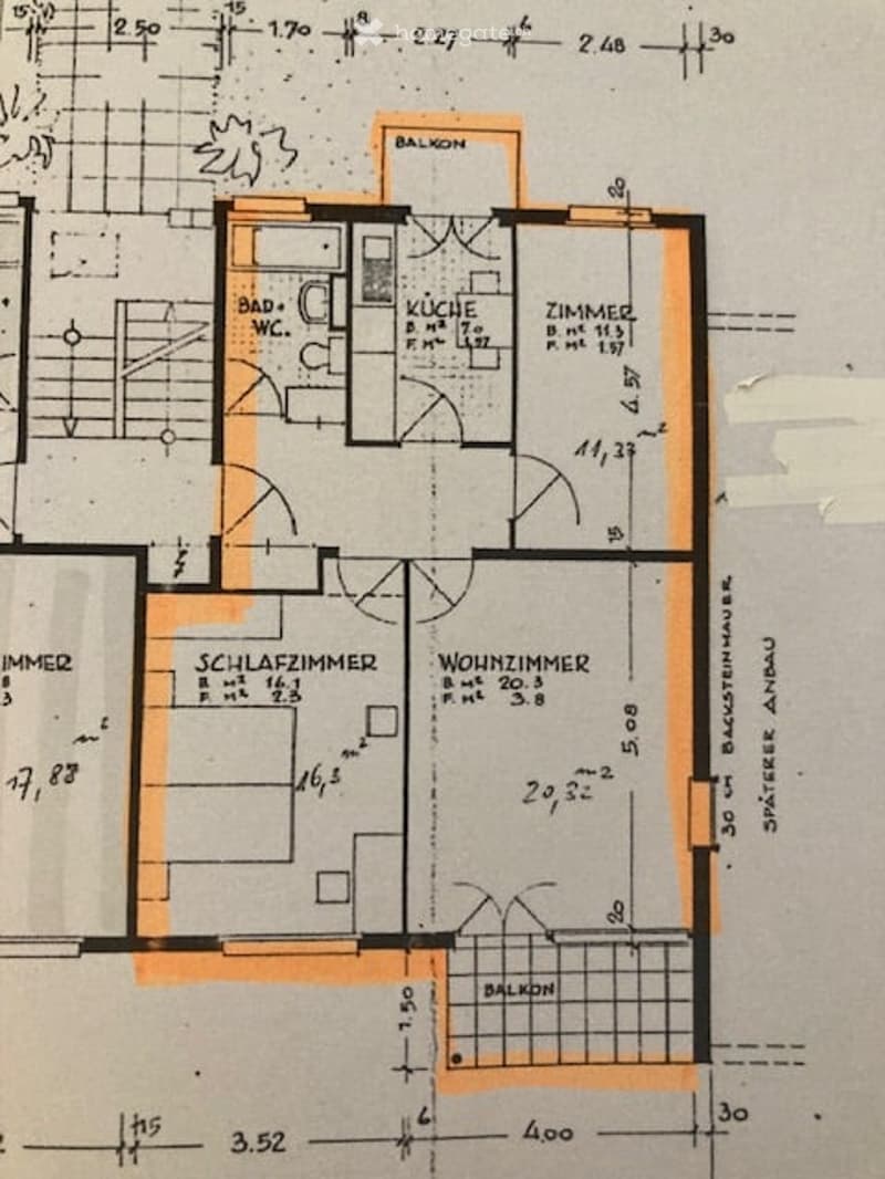 Floor plan of a 3-room apartment with a kitchen, living room, bedroom, bathroom, and two balconies.