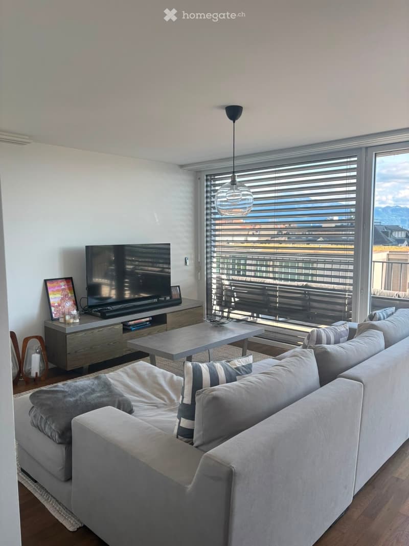 Modern living room with large windows offering a scenic view, featuring a grey sectional sofa, coffee table, television on a wooden stand, and decorative items.