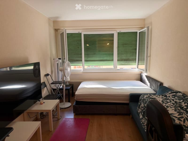 A well-lit bedroom with a double bed, sofa, small table, fan, and TV screen. The room features large windows with blinds and a wooden floor.