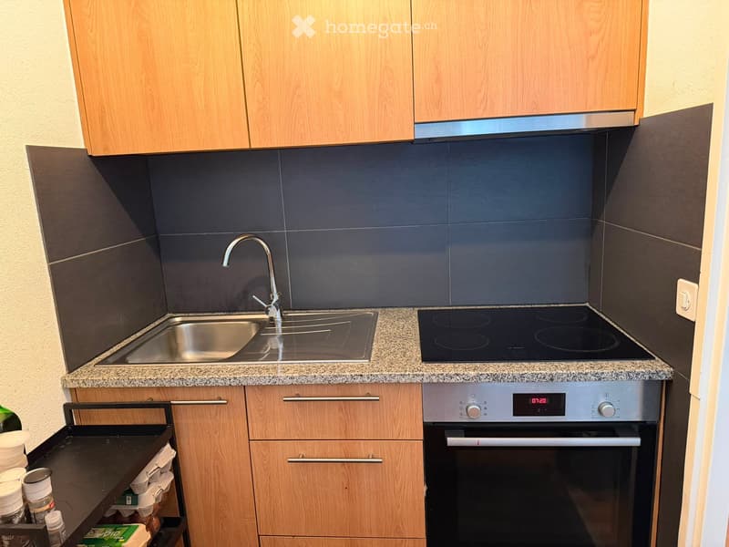 Modern kitchen with wooden cabinets, granite countertop, stainless steel sink, induction cooktop, and built-in oven.