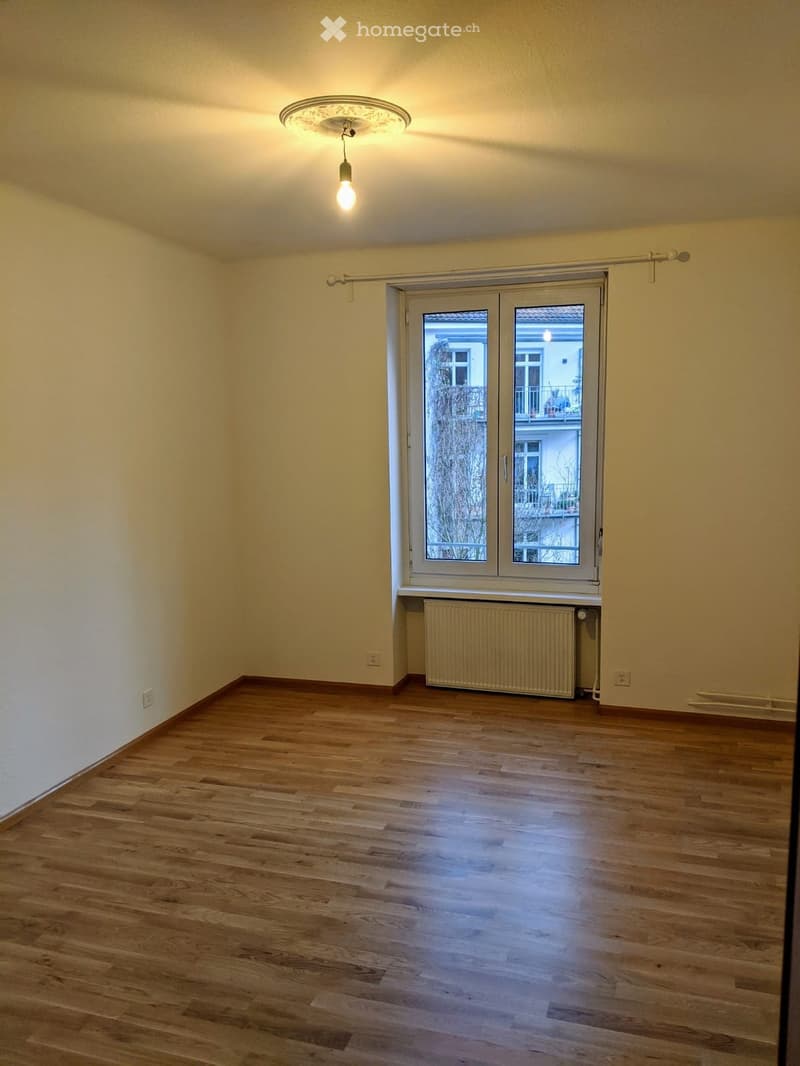 Unfurnished Room. Empty room with wooden flooring, light-colored walls, and a large window with a view of the outside. A radiator is visible beneath the window, and a ceiling light fixture is present.