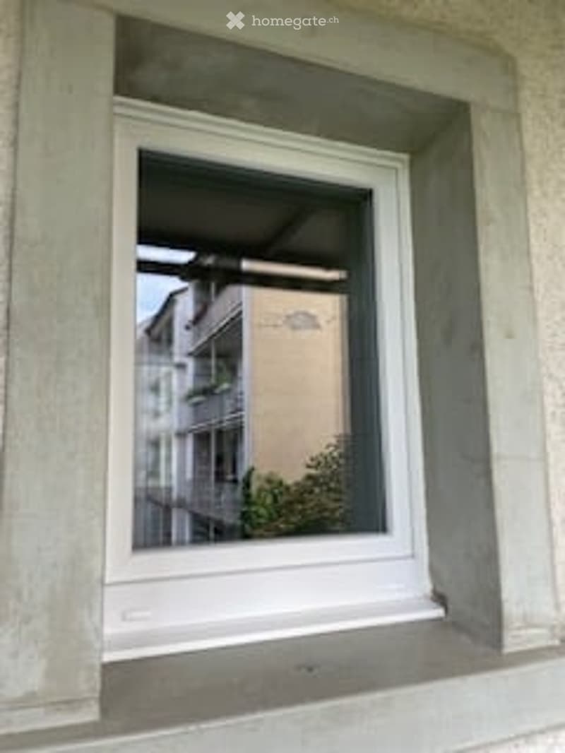 White framed window with a reflection of a building, balcony and trees
