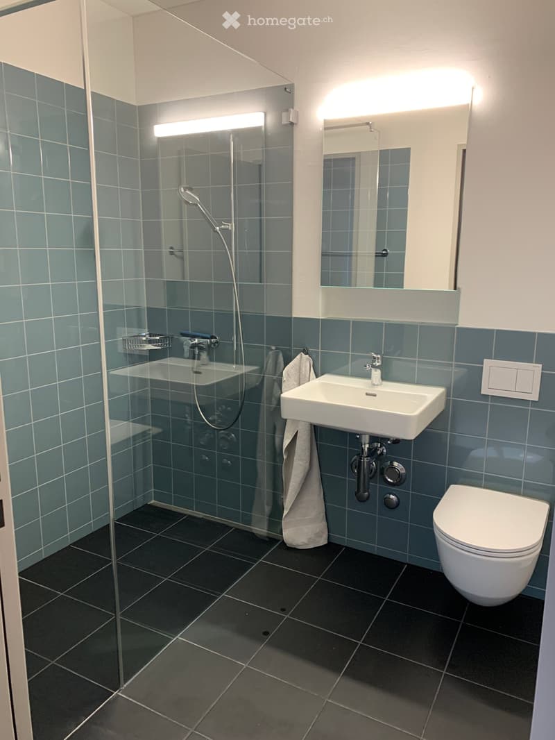 Modern bathroom with blue tiled walls, black tiled floor, white sink, toilet, glass-enclosed shower, and a towel hanging on the wall.
