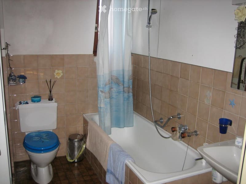 Bathroom with a toilet, bathtub, sink, and a shower curtain. Includes a towel, trash can, and decorative items on the wall.