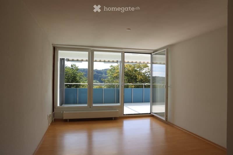 Empty room with wooden flooring, large sliding glass doors leading to a balcony with a blue railing and scenic outdoor view.