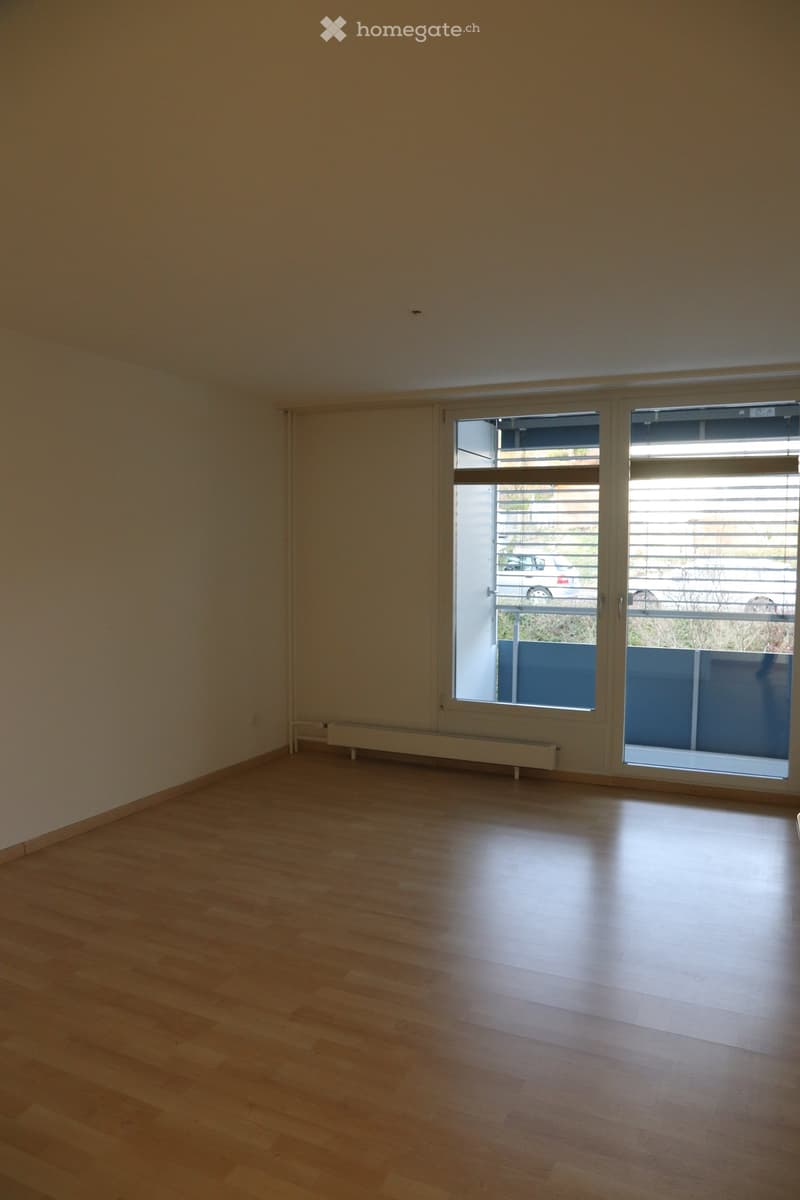 Empty room with wooden flooring, large windows with blinds, and a radiator under the windows.