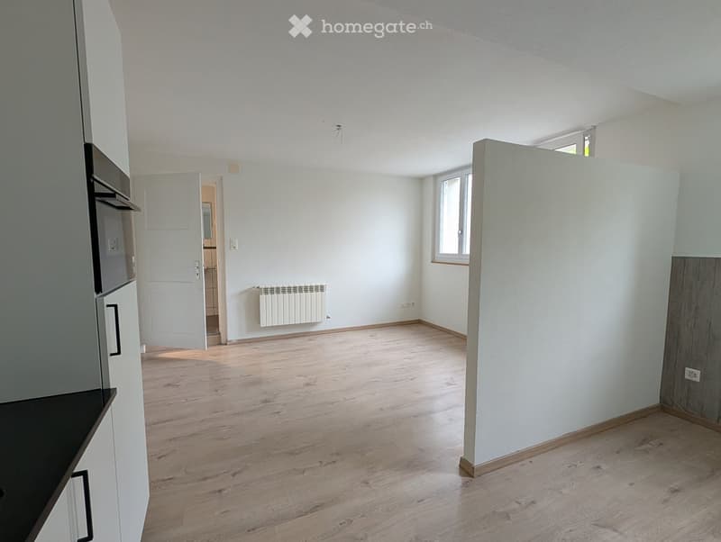 Empty room with light wooden flooring, white walls, a window, and a radiator. No furniture or equipment is present.