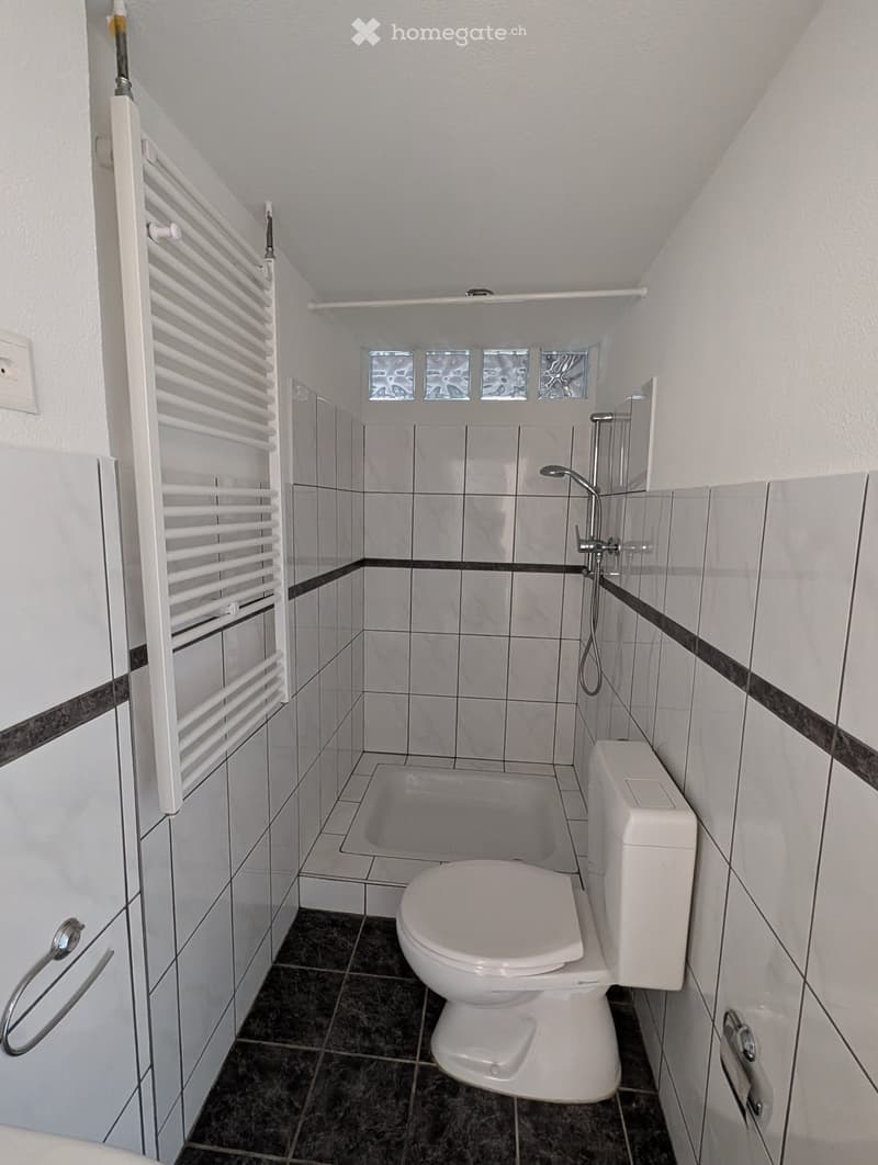 Small bathroom with white tiles, a toilet, a shower area, and a towel rack on the wall.