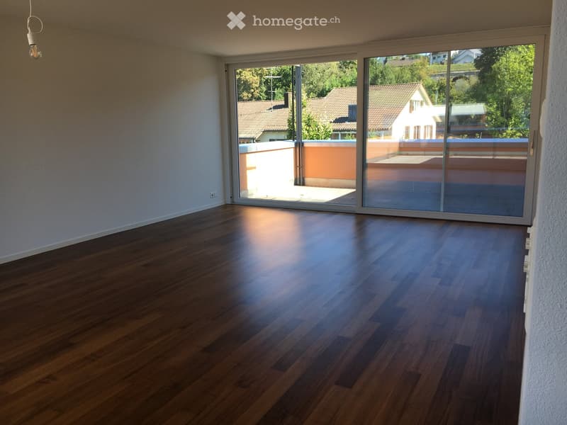 Empty room with wooden flooring and large sliding glass doors leading to a balcony or terrace area.