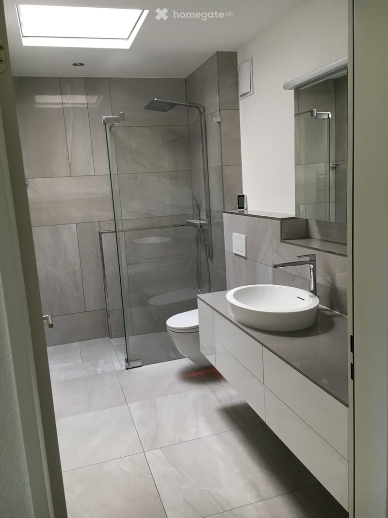 Modern bathroom with a white sink, toilet, glass-enclosed shower, and large mirror. The space features light grey tiles and a sleek, contemporary design.