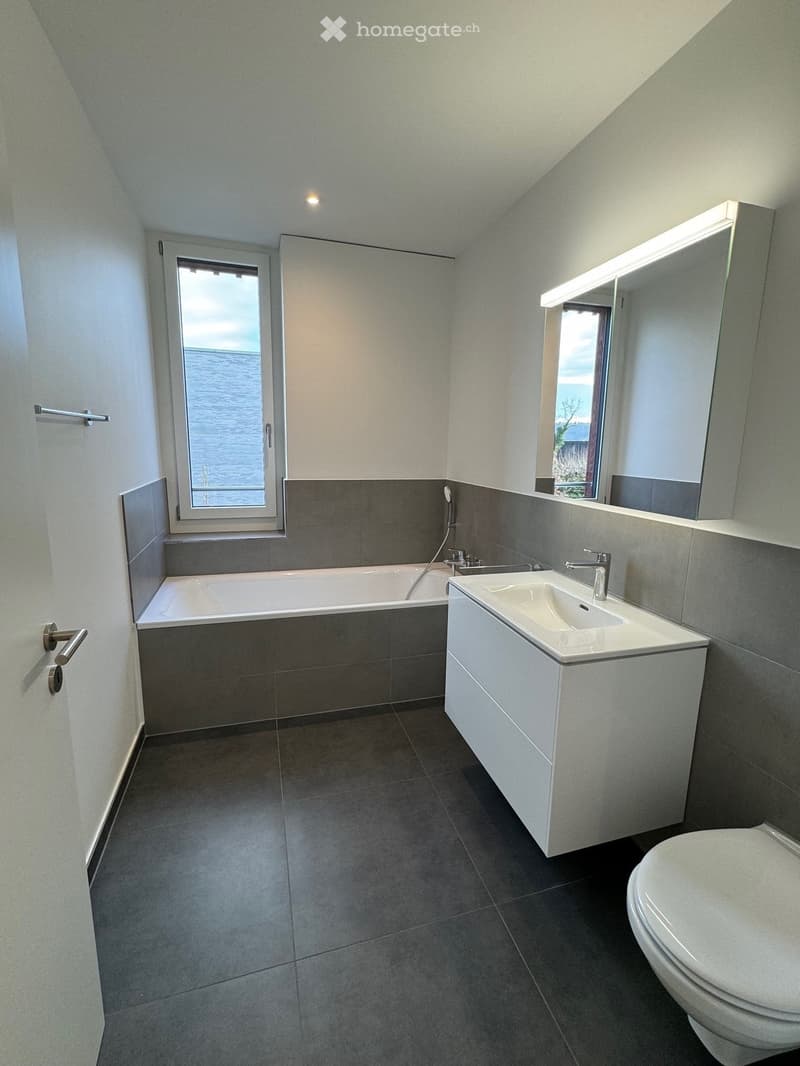 modern bathroom with bathtub, sink, toilet, mirror, and window