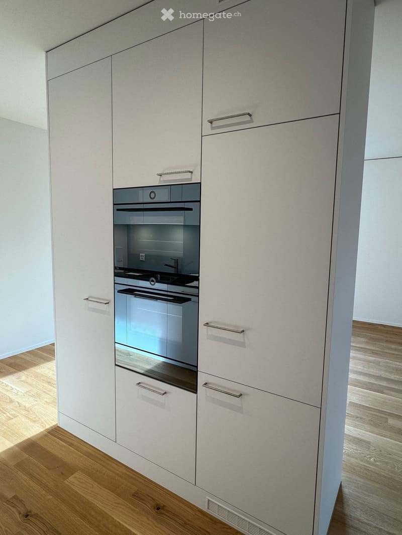 white cabinets, wooden floor, built-in oven and dishwasher