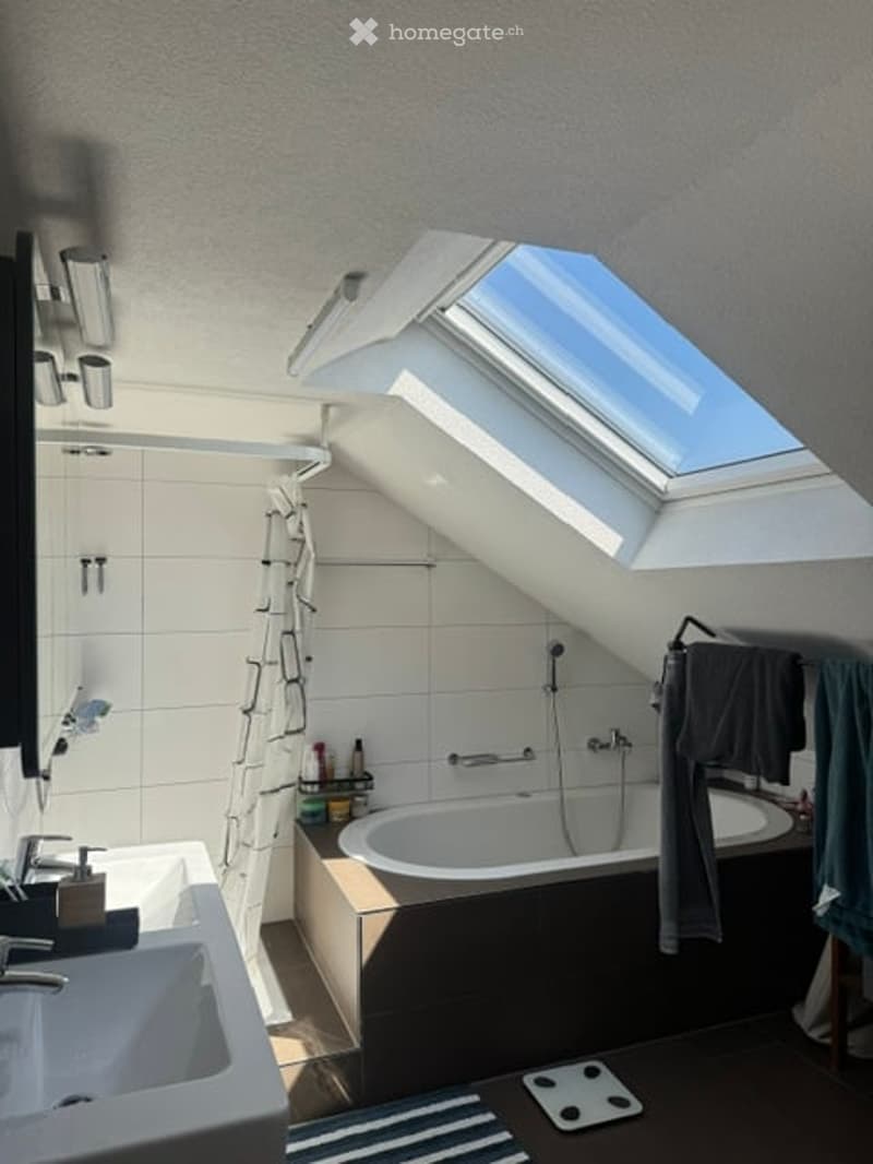 Modern bathroom with a skylight window, bathtub, sink, mirror, and ladder for accessing the skylight.