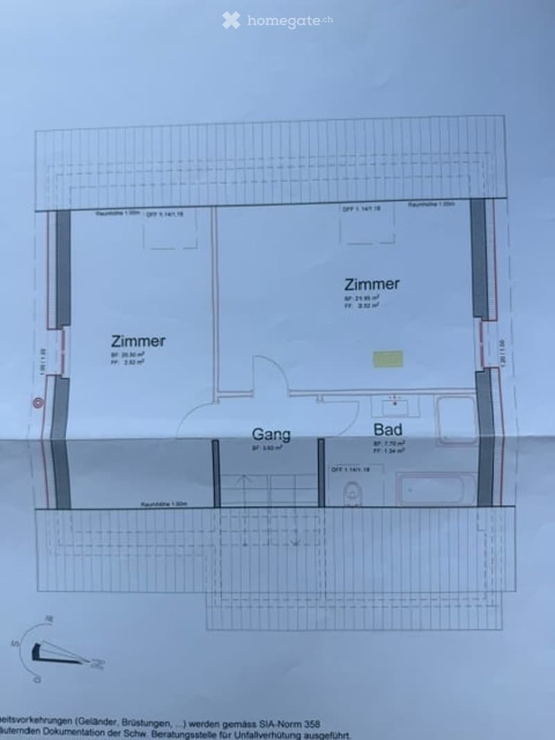 Floor plan showing a room labeled "Zimmer" (room), a hallway labeled "Gang", and a bathroom labeled "Bad". Dimensions and measurements are indicated for each space.