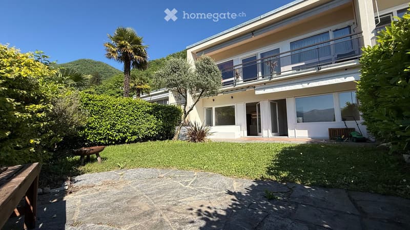 A well-maintained garden with a stone pathway leading to a modern house. The garden features lush green grass, a wooden bench, and a lawn mower. There are various plants and trees, including a palm tree, and the house has large windows and a balcony.