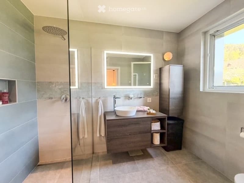 Modern bathroom with a large mirror, a sink with a cabinet, a shower area, and neatly arranged towels.