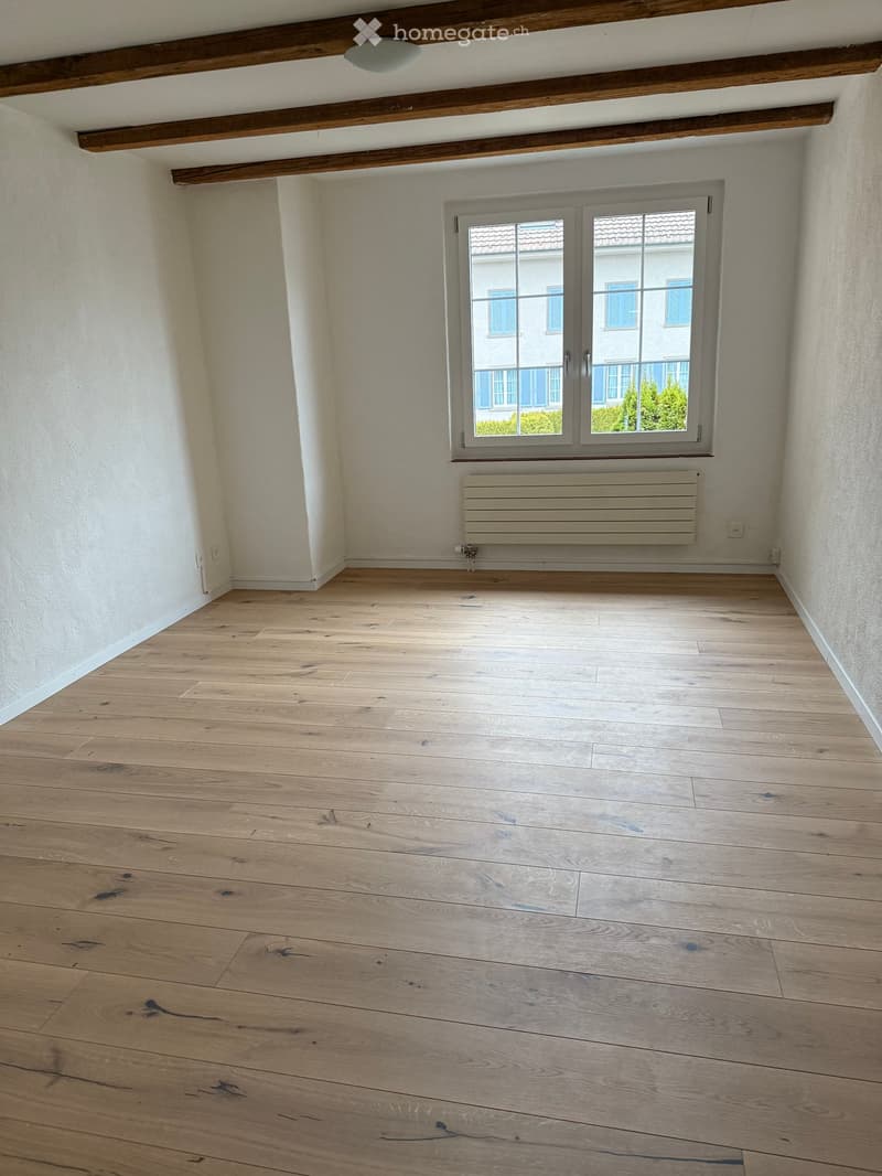 Empty room with light wooden flooring, white walls, and a large window with a view of neighboring buildings. Exposed wooden beams on the ceiling and a radiator below the window.