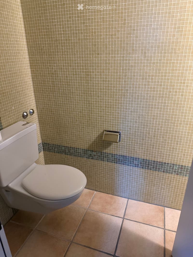 A small bathroom with beige tiled walls and a dark accent border, featuring a white toilet and a toilet paper holder.