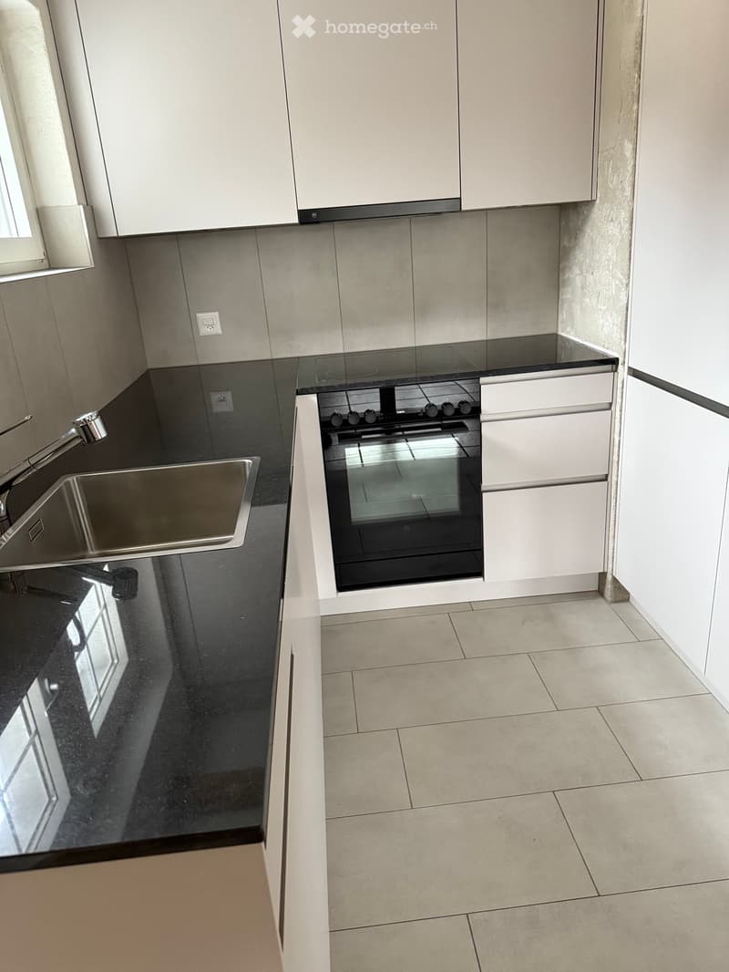 Modern kitchen with white cabinets, black countertops, stainless steel sink, and built-in oven.