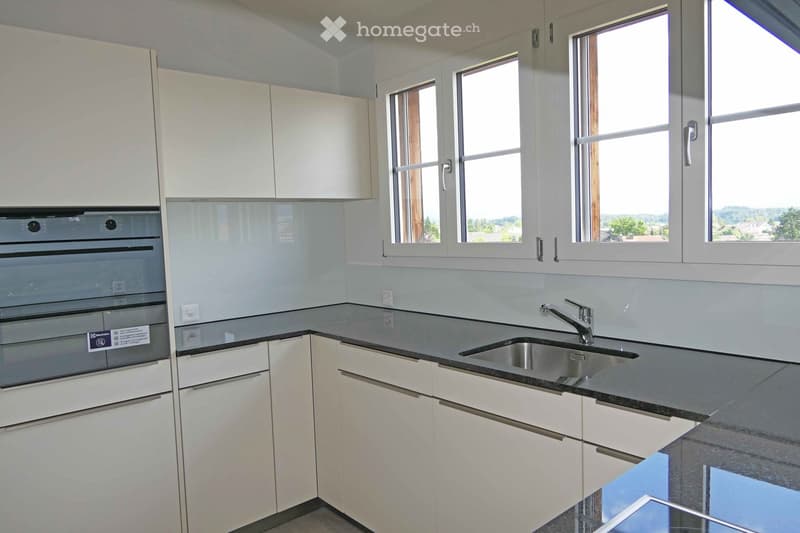 Modern kitchen with white cabinets, stainless steel sink, and built-in oven. Large windows provide natural light.
