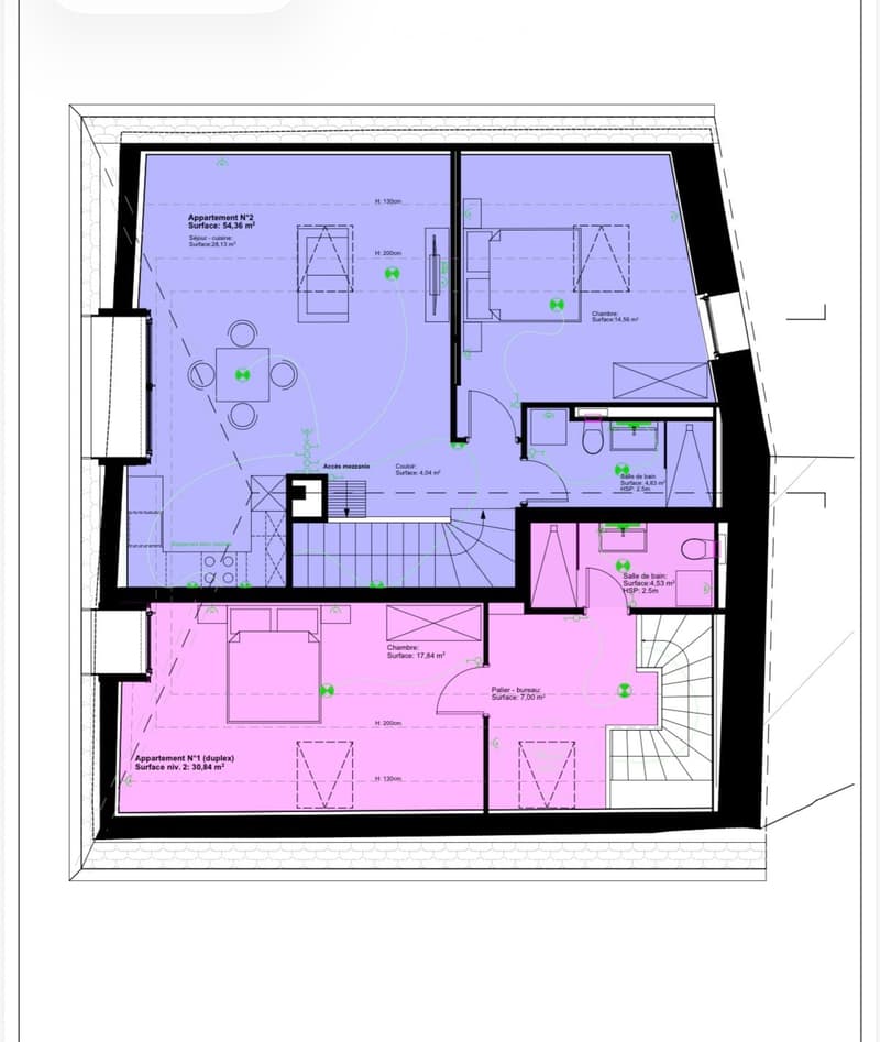 Floor plan of two apartments: Apartment N°2 with living area, kitchen, bedroom, and bathroom; Apartment N°1 (duplex) with bedroom, office, and bathroom. Includes access to mezzanine and hallway.