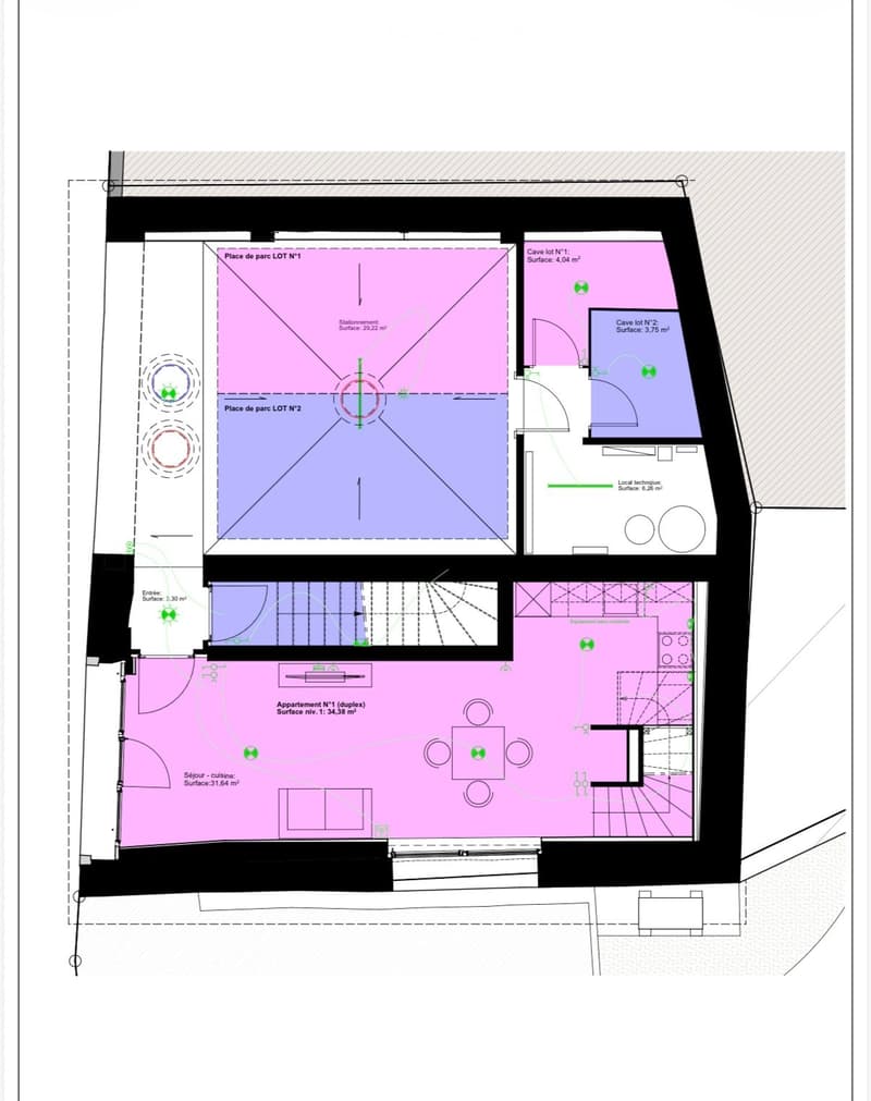 Floor plan showing a parking area, entrance, two apartments, and two caves.