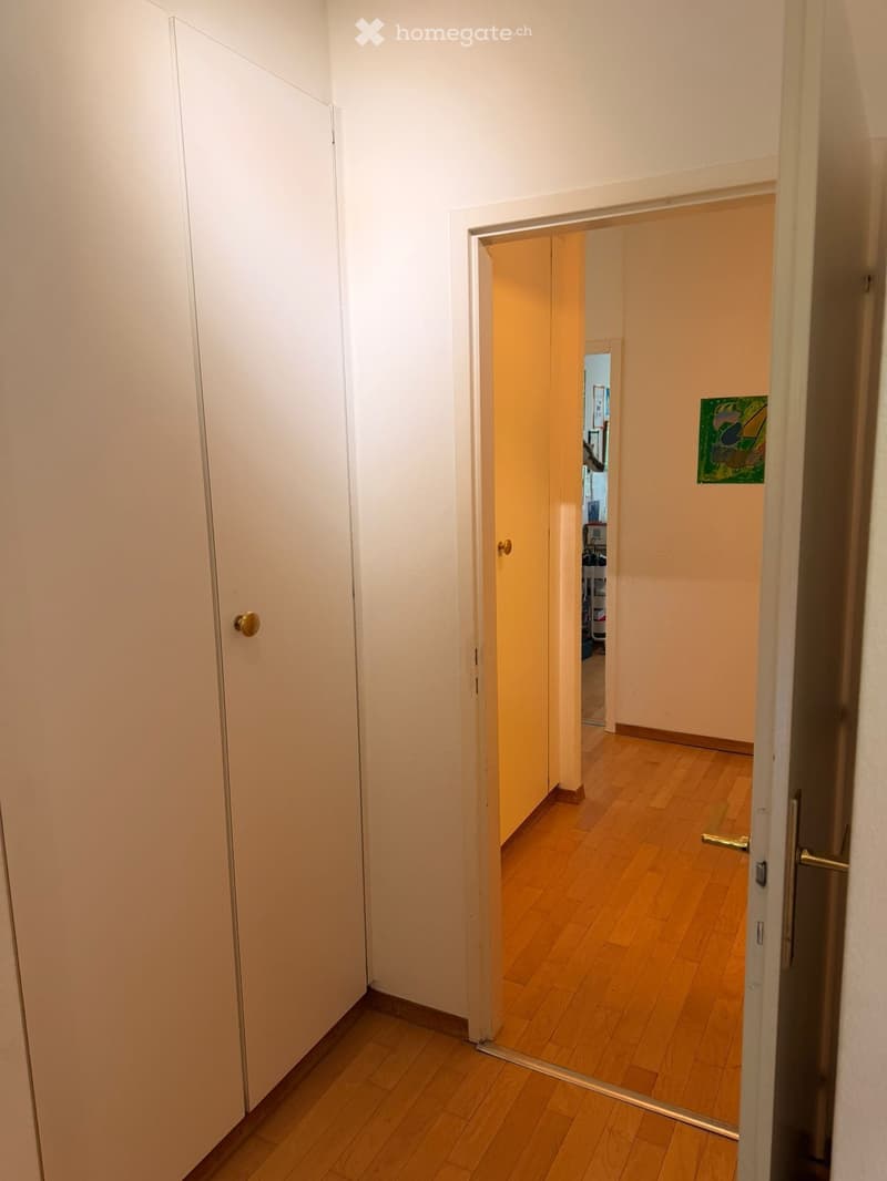 A narrow hallway with light wooden flooring, white walls, and two closed doors. One door leads to a room with a visible painting on the wall.
