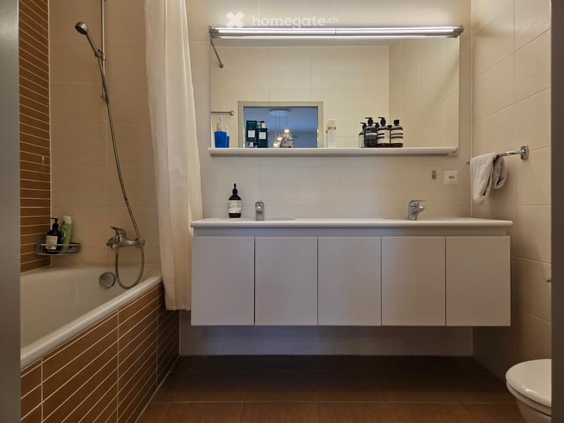 Modern bathroom with a bathtub, double sink, mirror, and storage cabinets. Includes a shower head, towel, and various toiletries.
